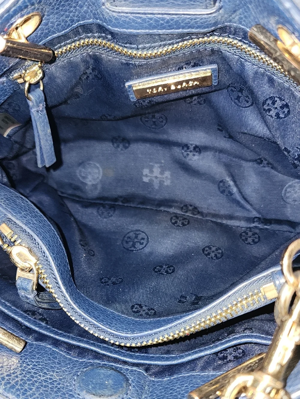 Tory Burch Small Carter Navy Pebbled Leather Crossbody Tote